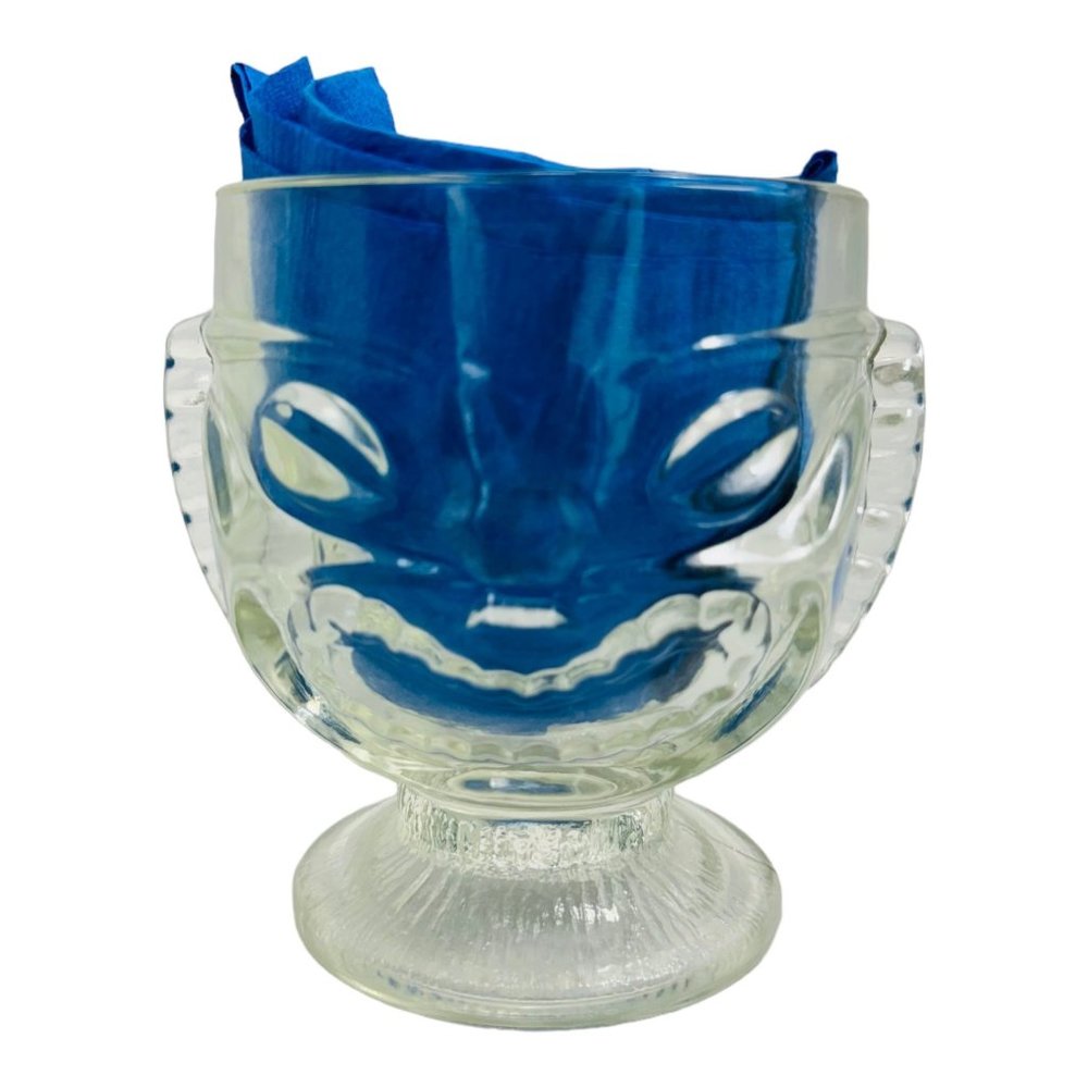 Vintage 1970's Footed Tiki Glass Goblets With Two Faces Happy & Angry Set of 3